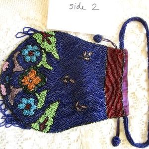 seed-bead Victorian antique handbag in radiant navy with florals ... hand-stitch